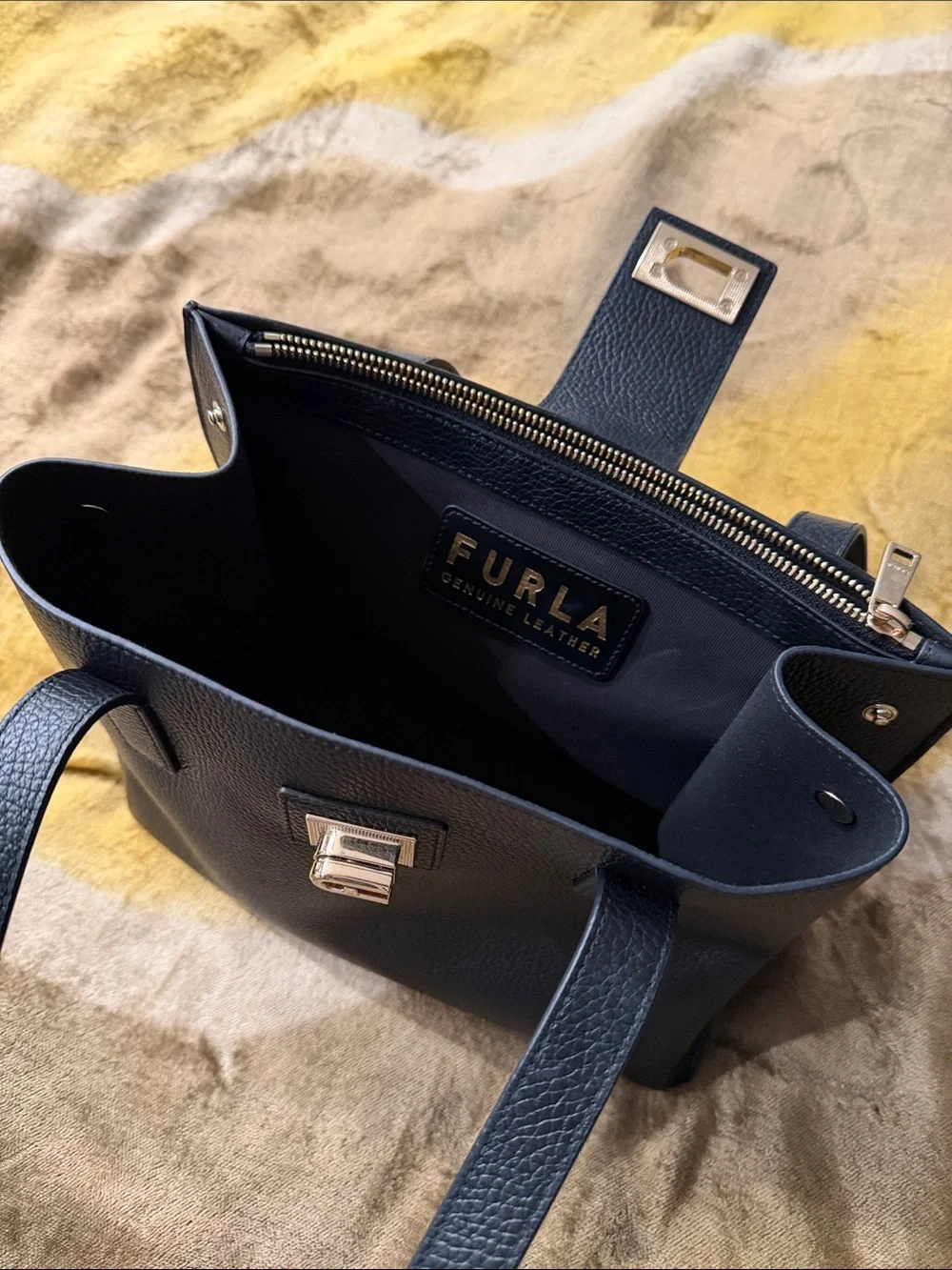 Furla Navy Pebbled Leather Top-Handle Tote with Gold Hardware
